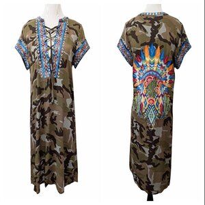 Andree by Unit Womens Sz S/M? Camo Embroidered Lace Up Short Sleeve Shift Dress